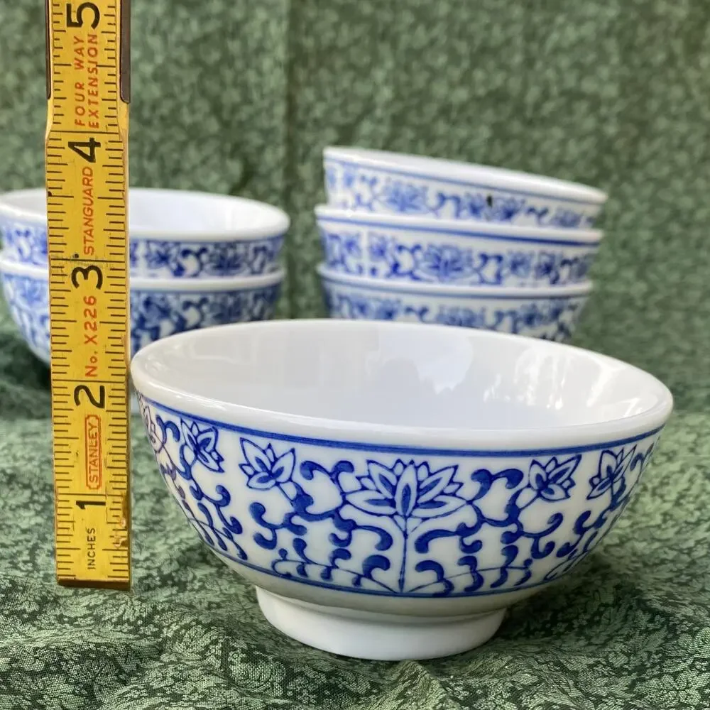 Set of 6 Blue Floral Porcelain Soup/Rice Bowls in Flawless‎ Condition